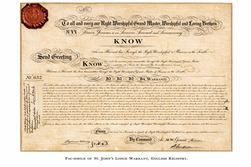 April 23rd 1836 Saint John’s Lodge No 632 Granted under warrant from United Grand Lodge of England.